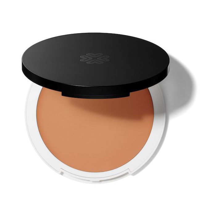 Lily Lolo Satin Cream Foundation: Medium tan with neutral undertones. Vegan. Gluten Free. GMO Free. Cruelty Free.