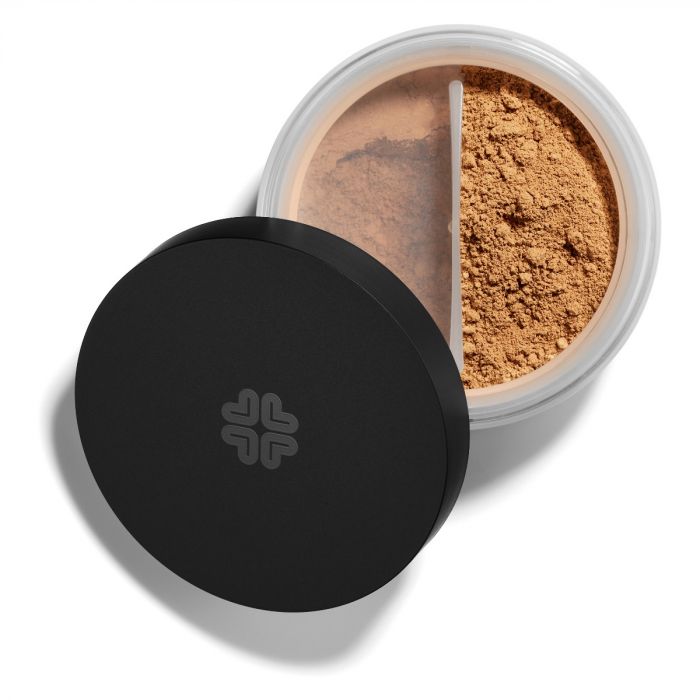 Lily Lolo Saffron Mineral Foundation: Vegan. Gluten Free. GMO Free. Cruelty Free.  A tan foundation shade with yellow undertones.